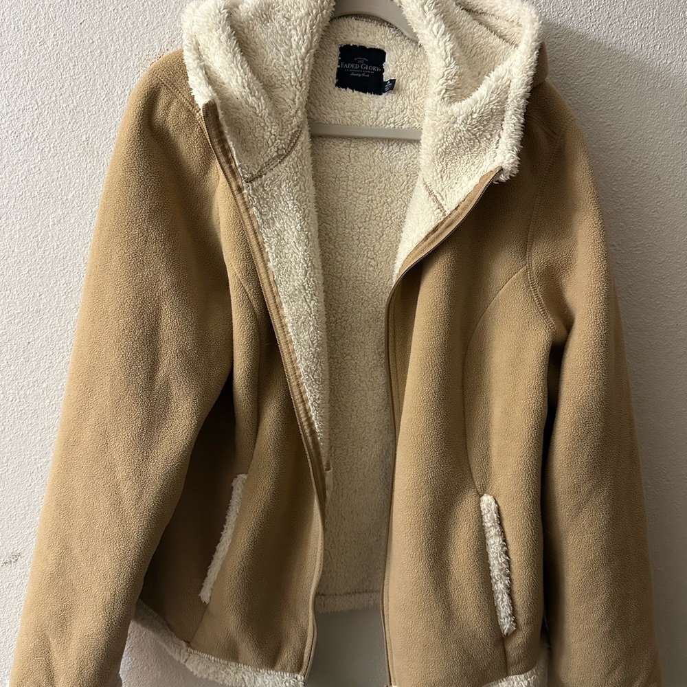Faded Glory Tan and Cream Teddy Jacket Cozy Fleece Design